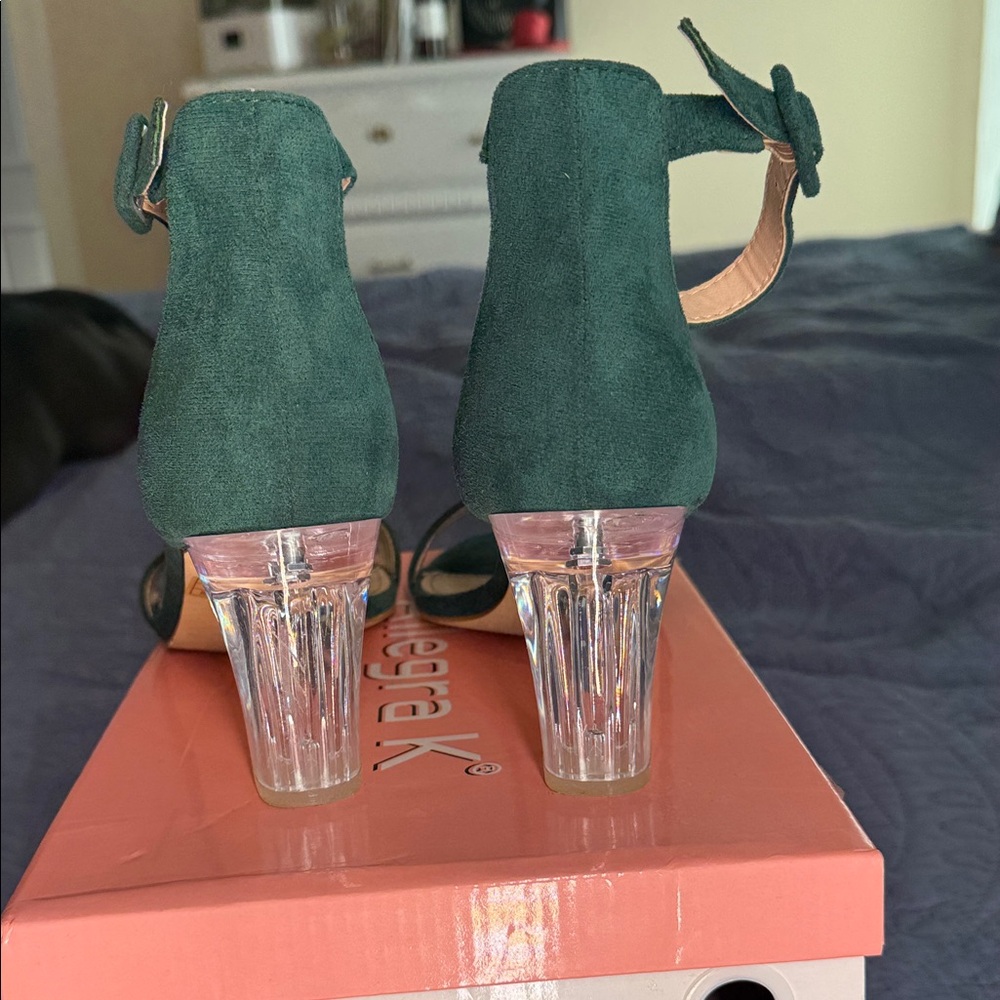 Allegra K Teal Green Suede Ankle Strap Block Heels - Picture 6 of 7